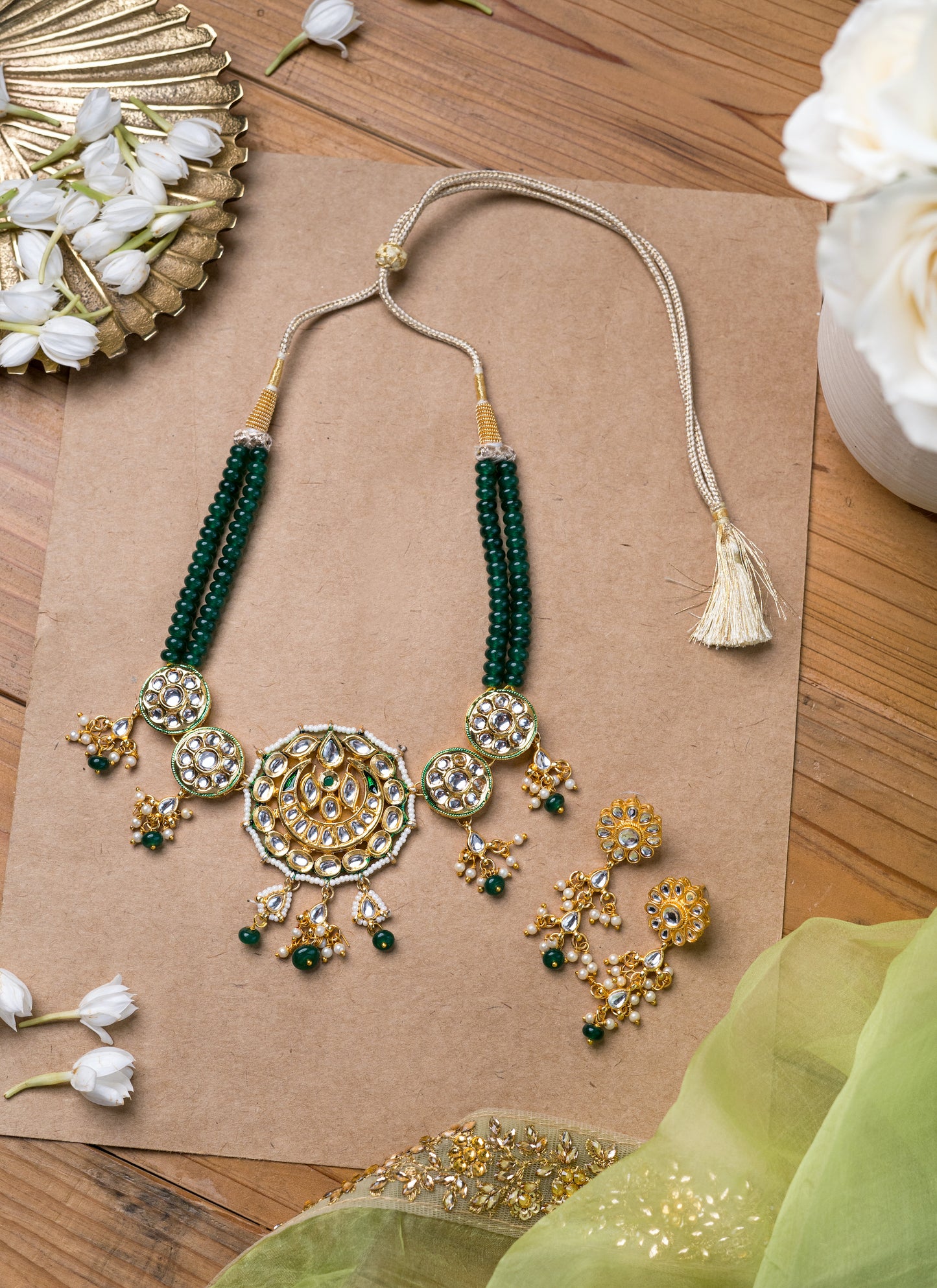 Green Kundan and Pearl Choker with Earrings