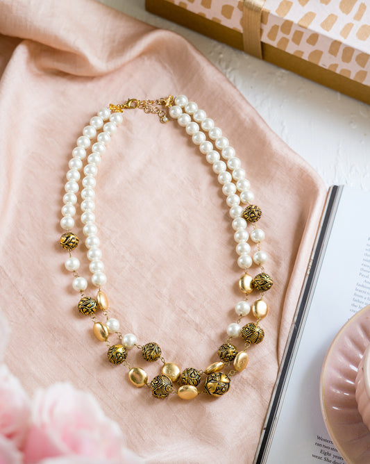 Pearl and Gold Double Line Necklace