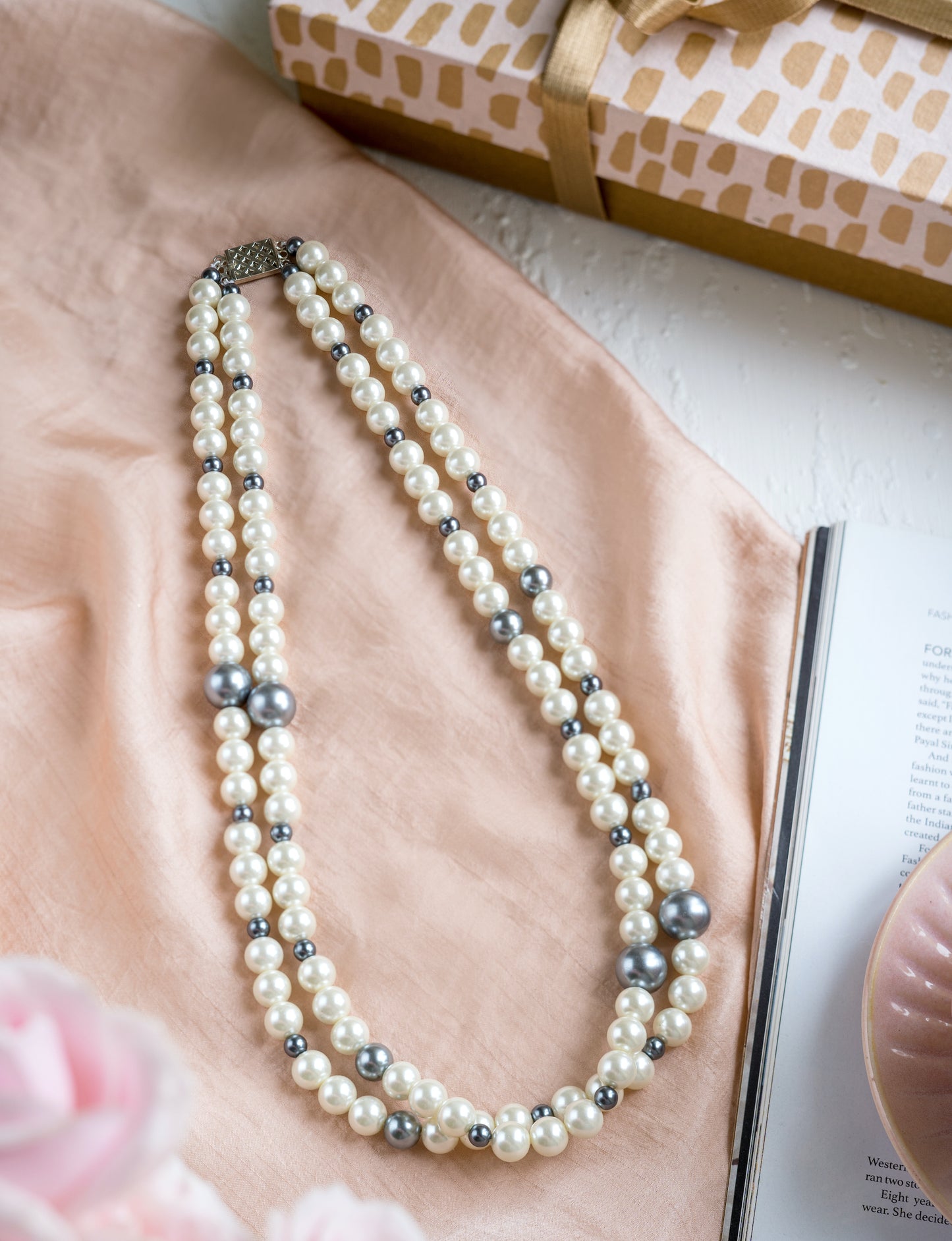 Double Line Grey and White Shell Pearl Necklace