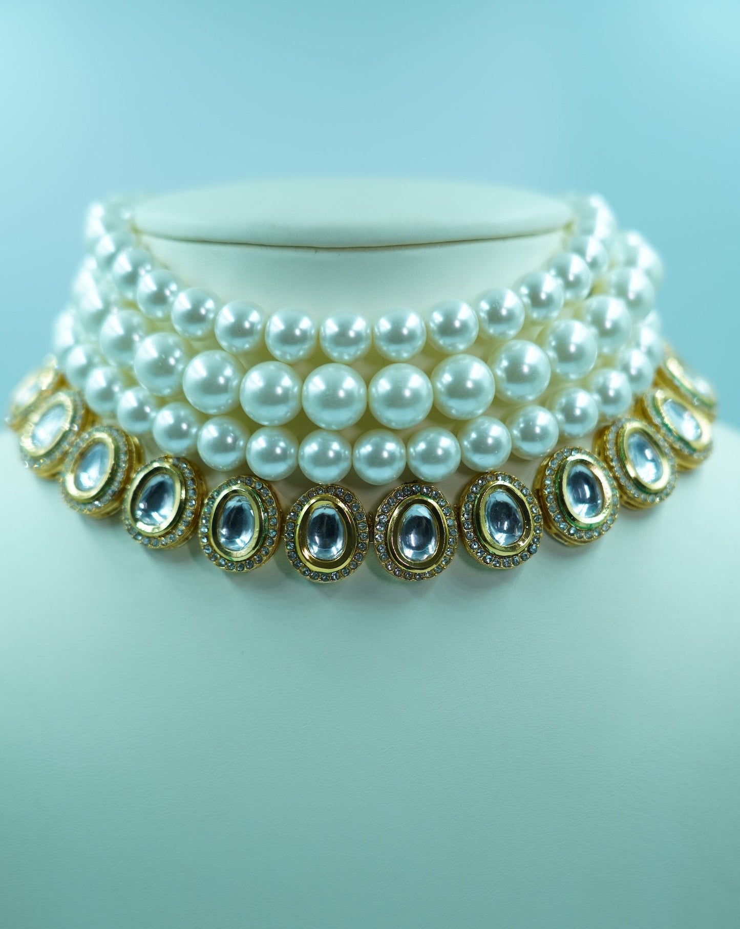 Statement Kundan and Pearl Choker with Earrings