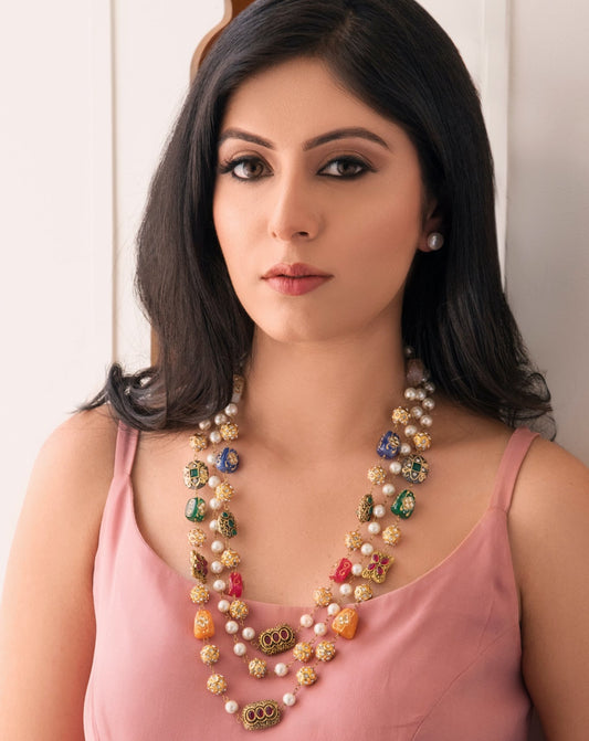 Shell Pearls and Meenakari Triple Line Necklace