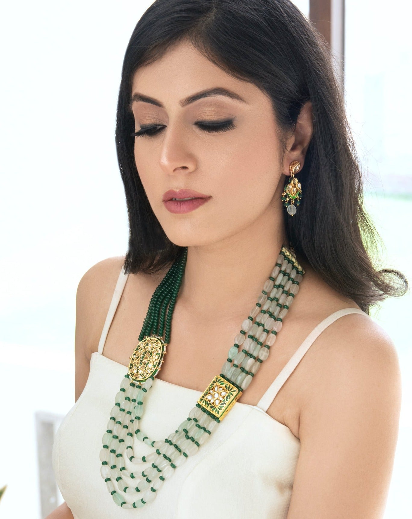 Green Kundan Necklace & Earrings with Mint Quartz & Aventurine Semiprecious Stones