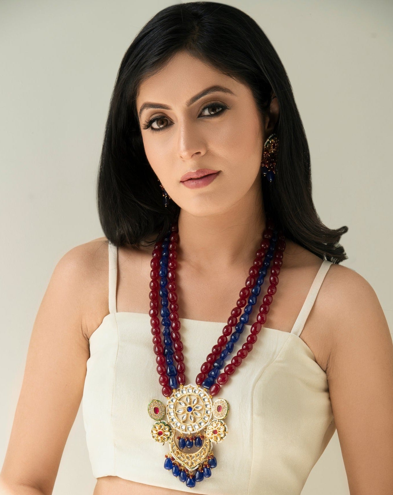 BHAWYA Royal Red & Blue Long Kundan Necklace with Earrings