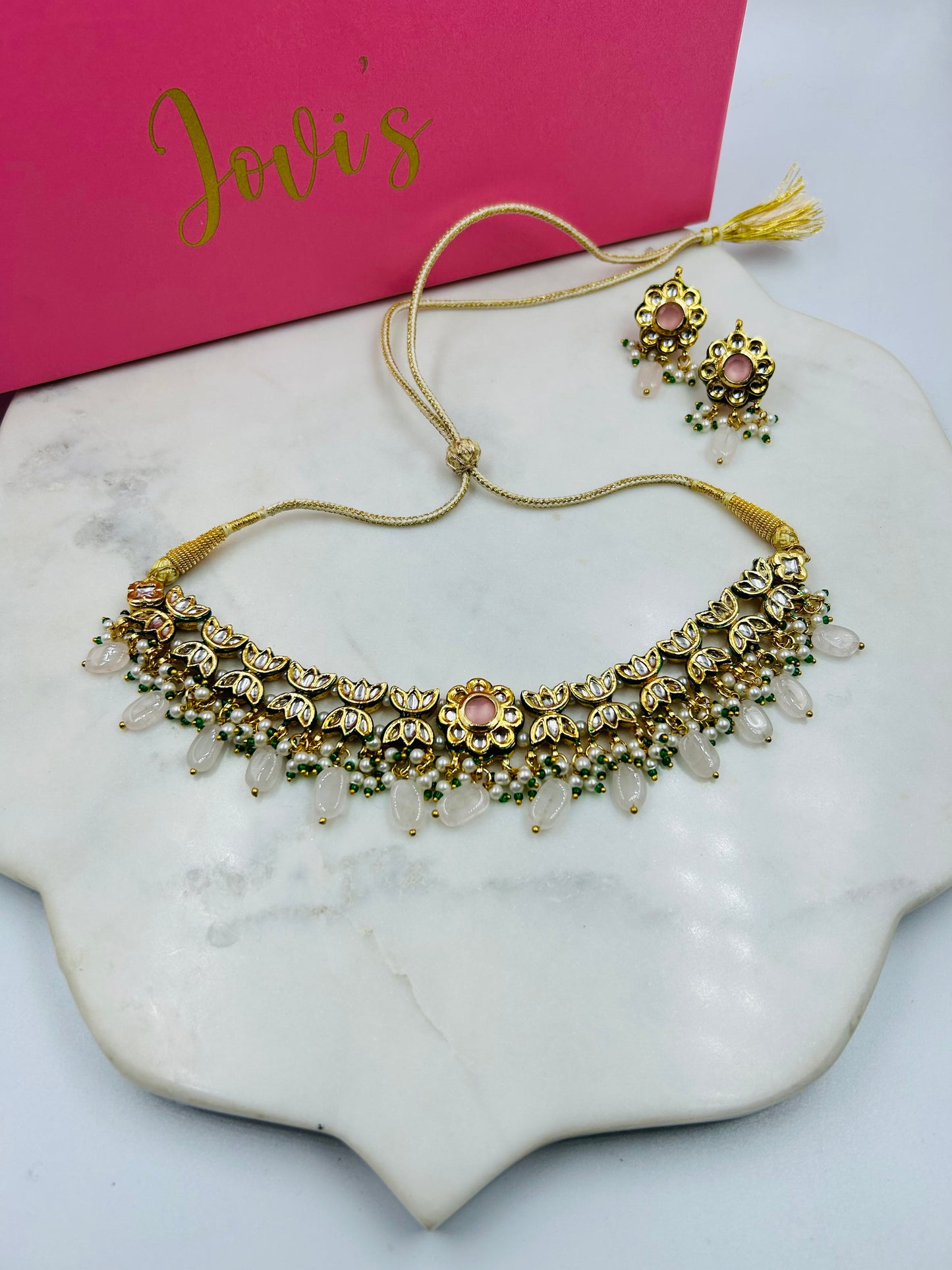 Kundan & Rose Quartz Choker with Earrings