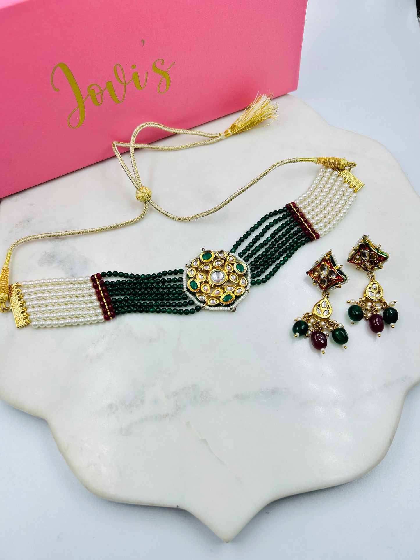 Traditional Green and Red Kundan Choker with Shell Pearls and Earrings