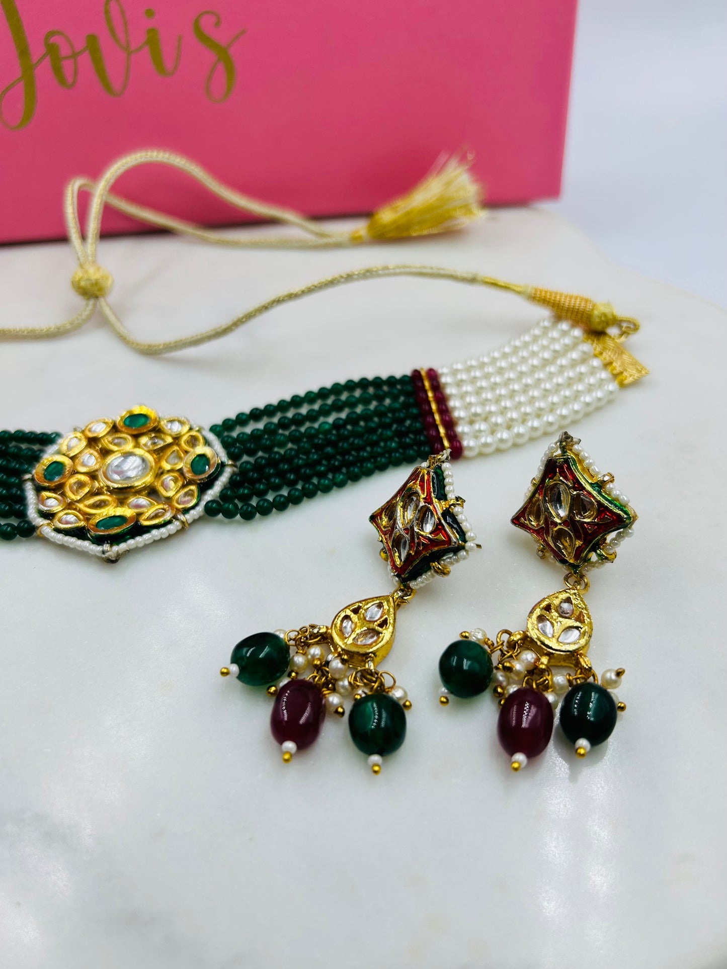 Traditional Green and Red Kundan Choker with Shell Pearls and Earrings