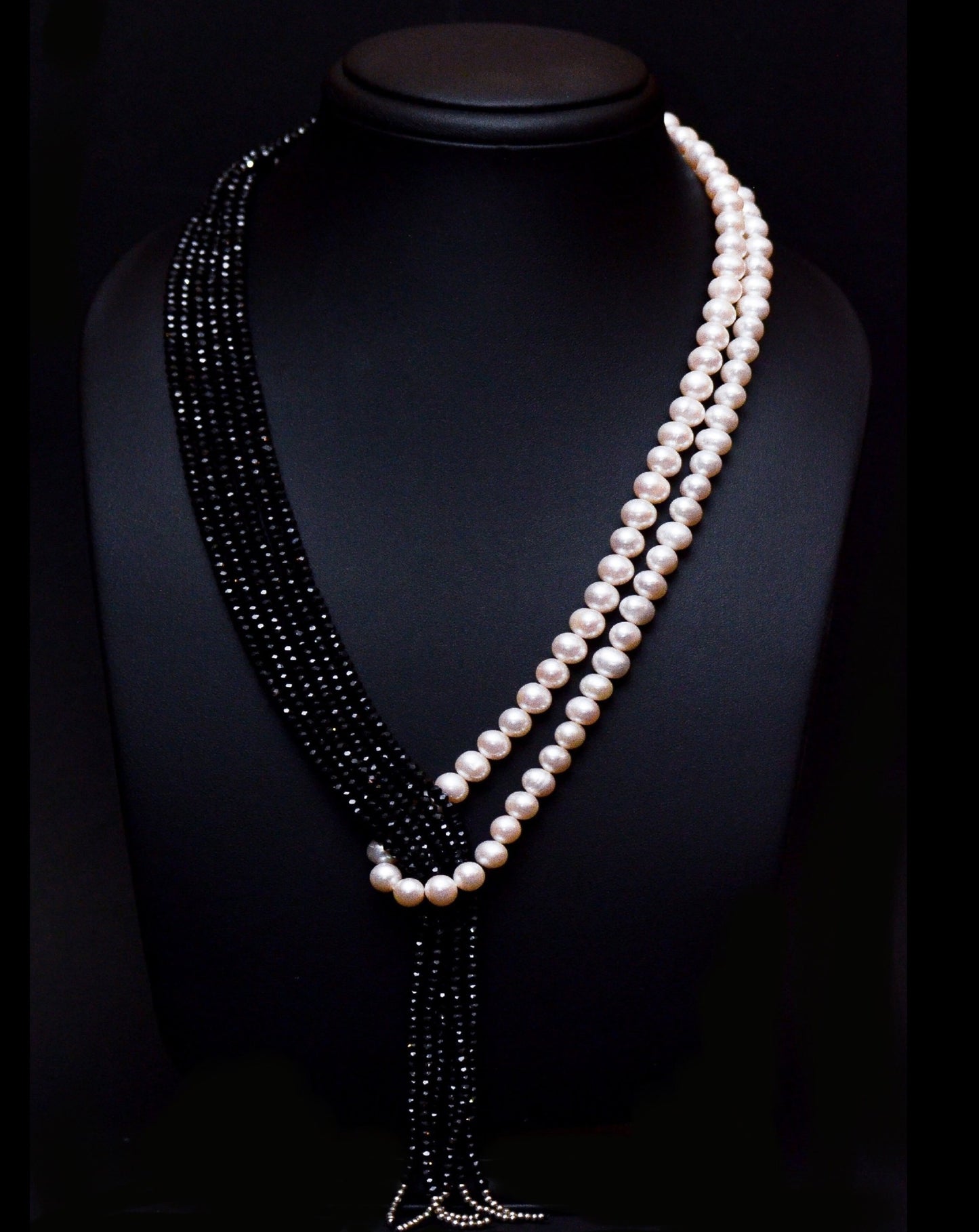 Onyx and Freshwater Pearl Knotted Statement Necklace