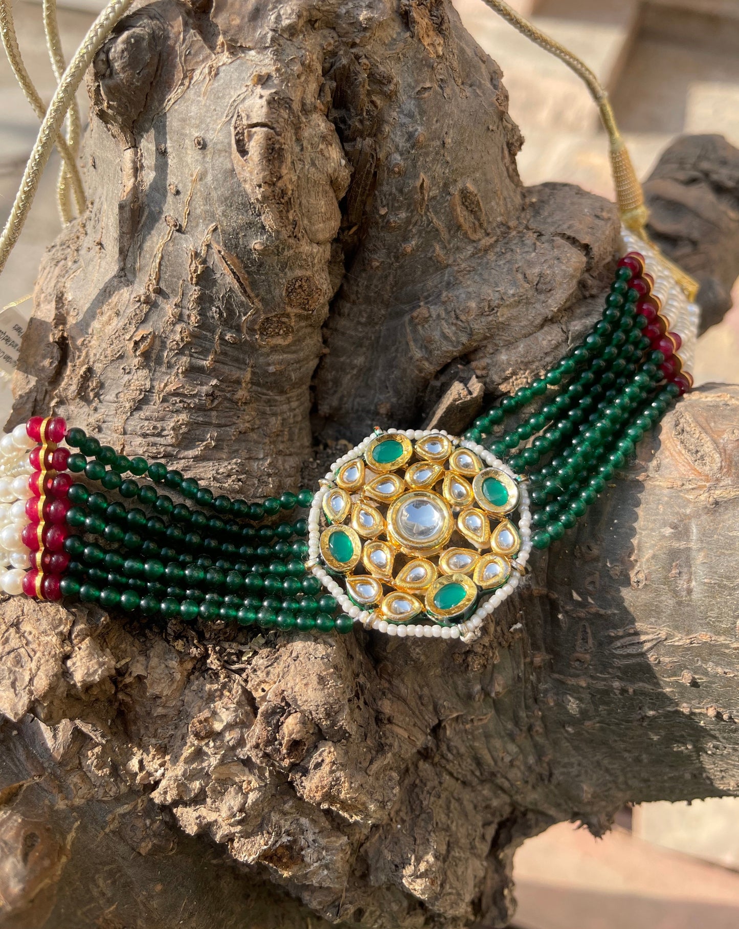 Traditional Green and Red Kundan Choker with Shell Pearls and Earrings