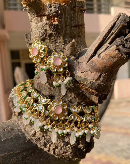 Kundan & Rose Quartz Choker with Earrings