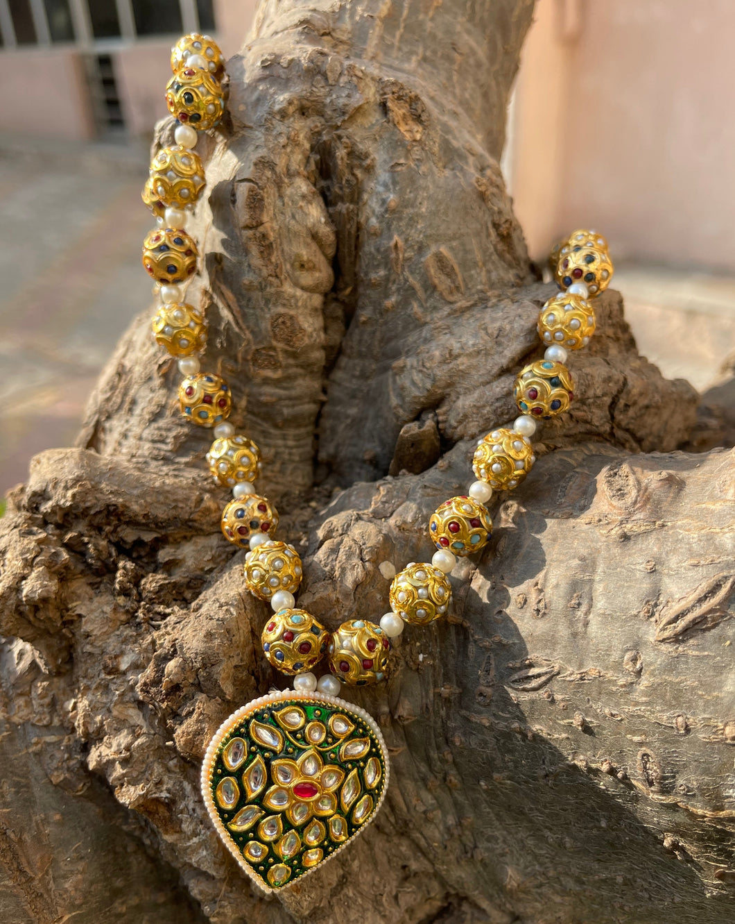 Long Kundan Necklace with Jadau Balls and Earrings