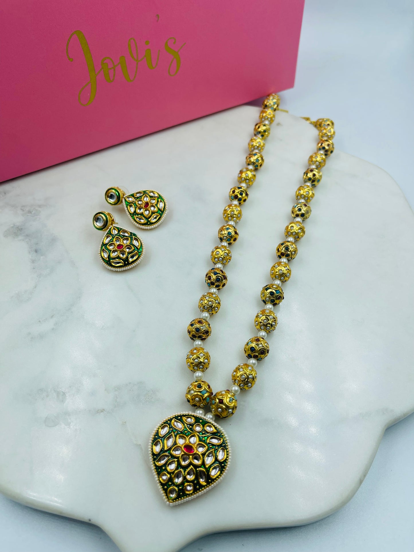 Long Kundan Necklace with Jadau Balls and Earrings