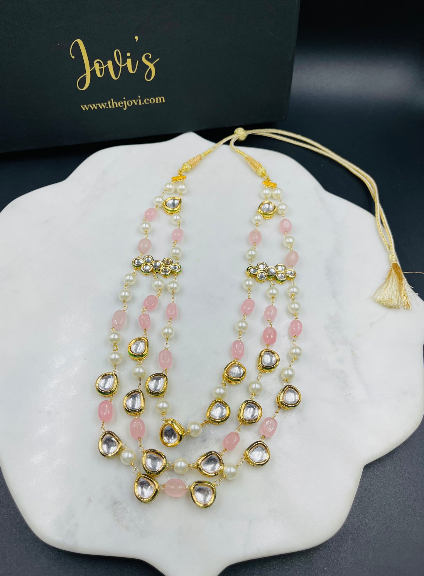 Triple Line Rose Quartz and Kundan Necklace