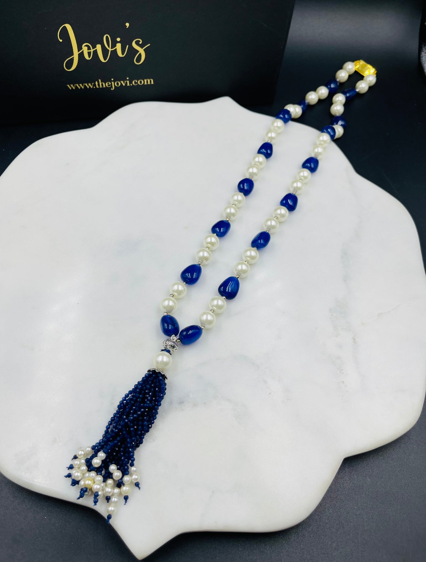 Classy Blue and Pearl Single Line Long Necklace with Tassels