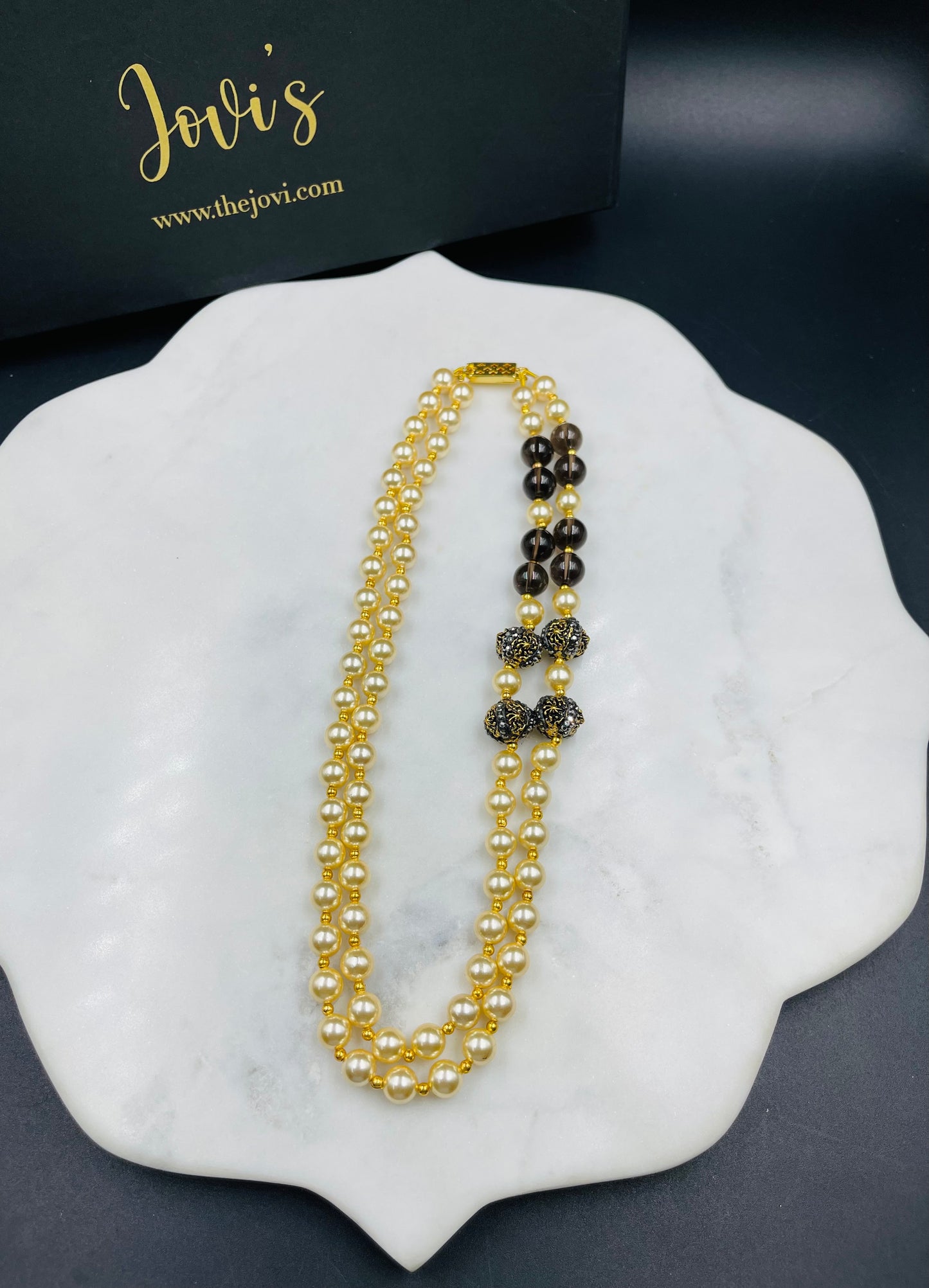 Double Line Shell Pearl and Smoky Topaz Necklace