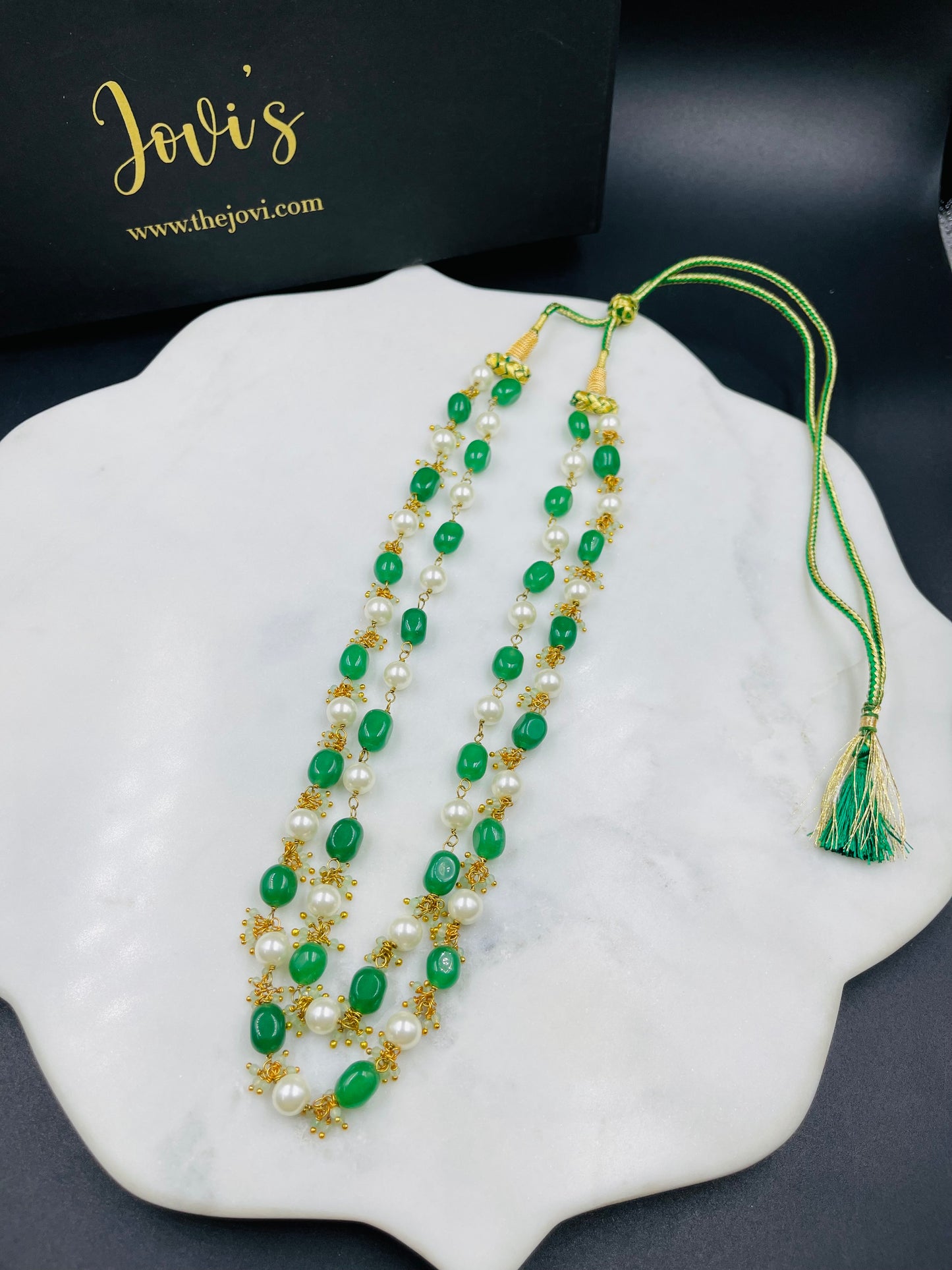 Double Line Pearl and Green Quartz String