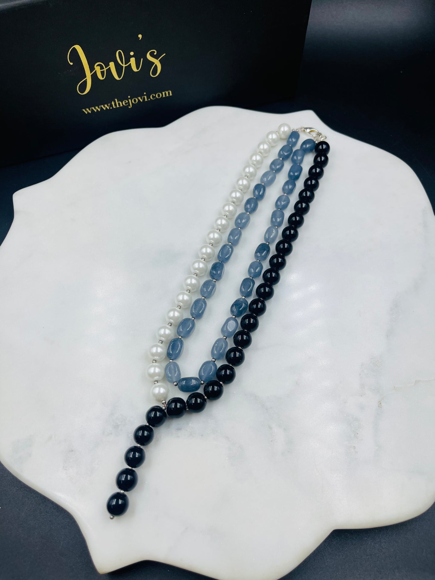 Knotted Pearl, Quartz and Onyx Necklace