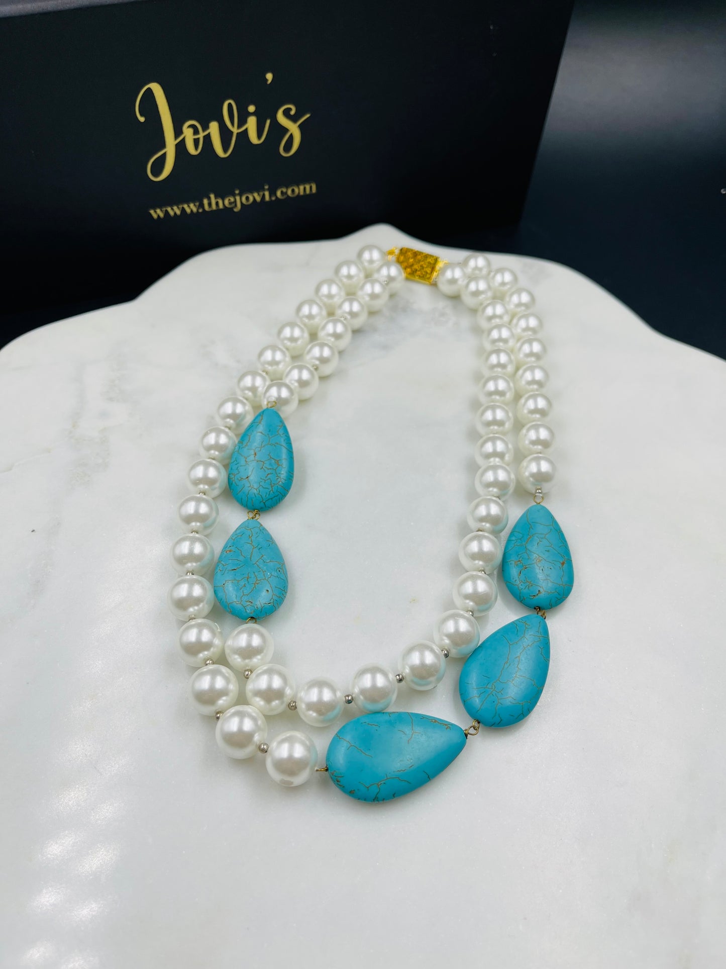 Shell Pearl & Turquoise Double Line Statement Necklace