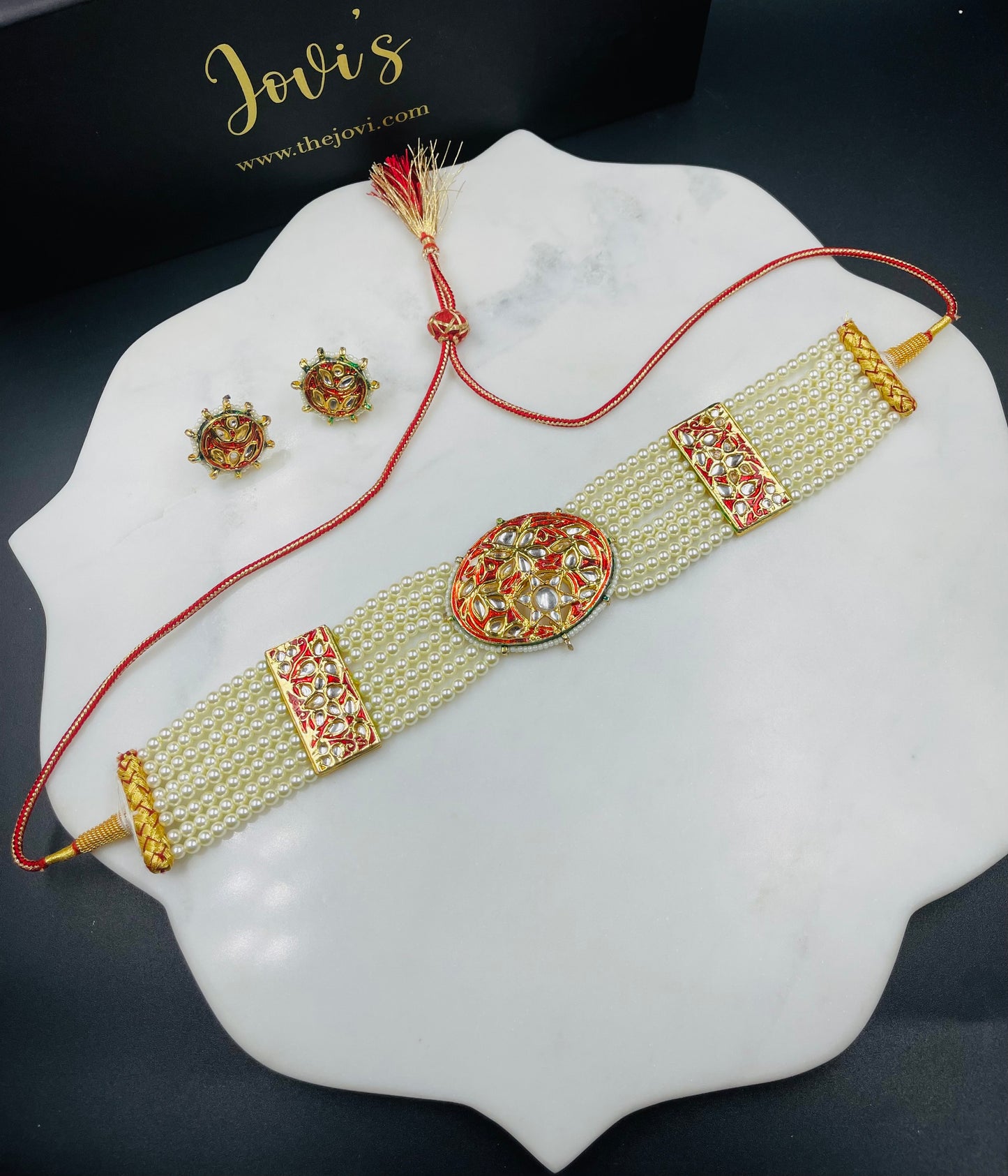 Shell Pearls & Red Kundan Choker with Earrings