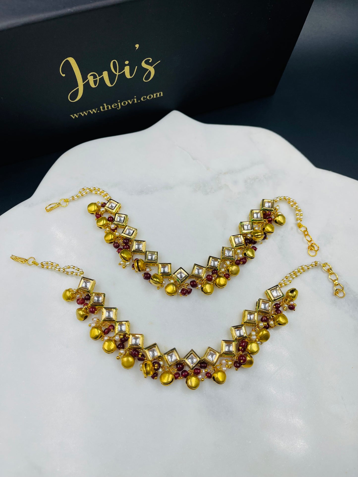 Square Kundan Anklet with Red Stones, Pearls and Ghungroo