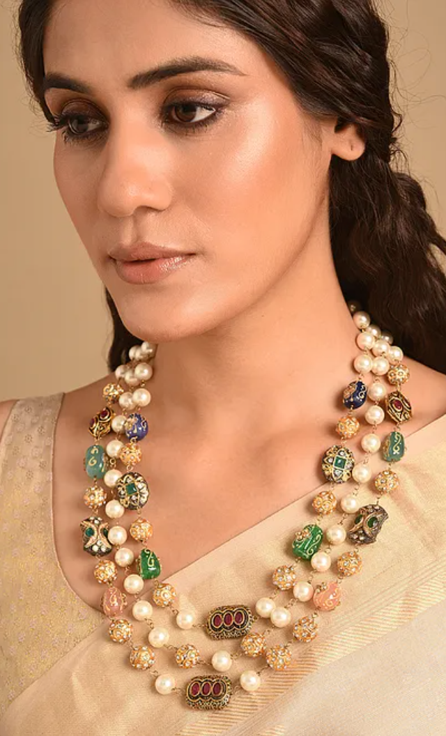 Shell Pearls and Meenakari Triple Line Necklace