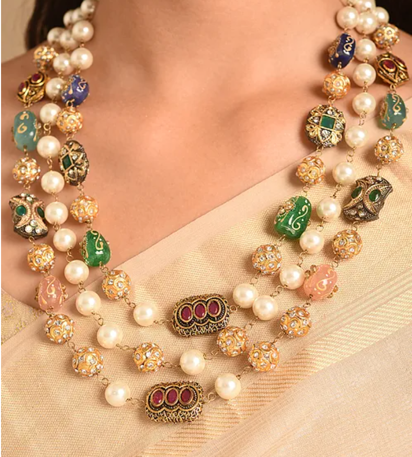 Shell Pearls and Meenakari Triple Line Necklace