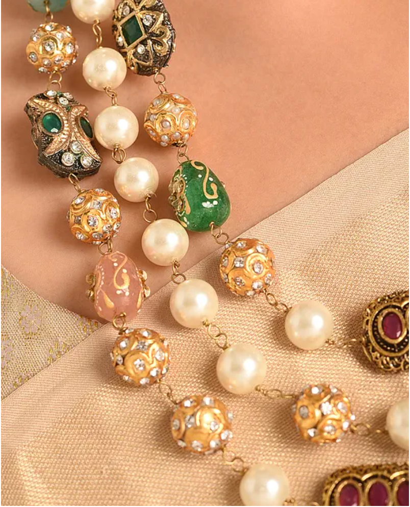 Shell Pearls and Meenakari Triple Line Necklace