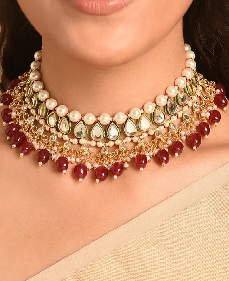 Red Quartz and Kundan Necklace with Earrings