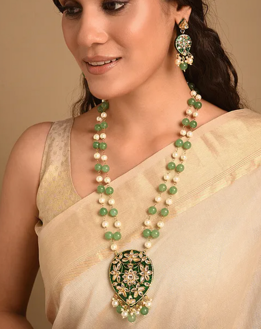 Green Kundan with Pearls and Onyx Traditional Long Necklace and Earrings