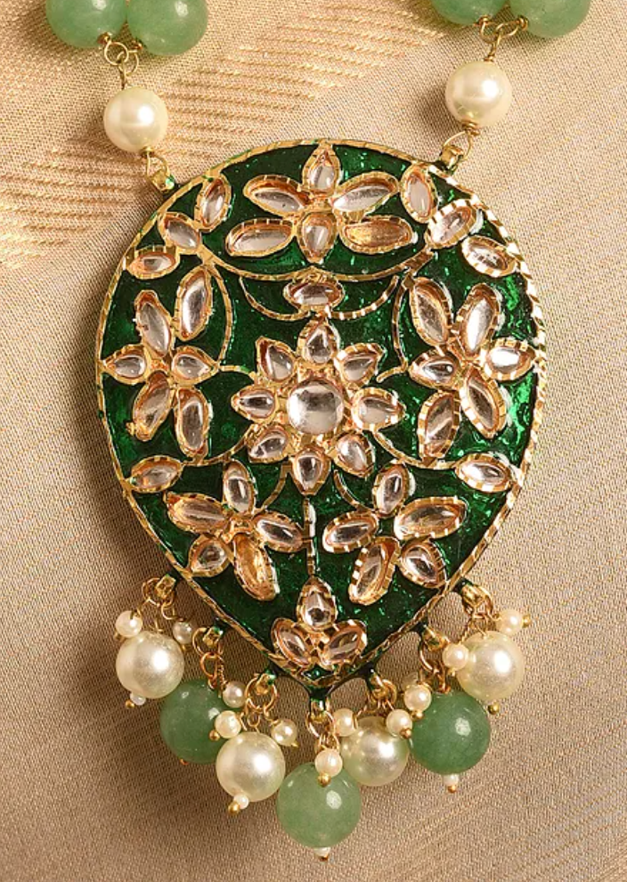 Green Kundan with Pearls and Onyx Traditional Long Necklace and Earrings