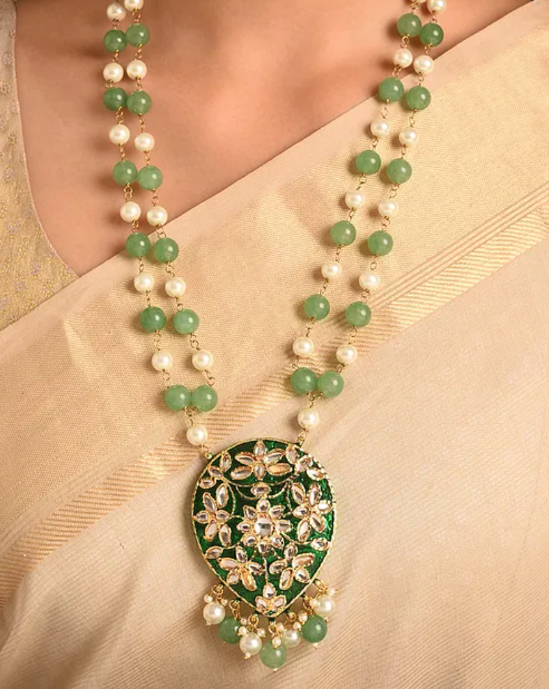 Green Kundan with Pearls and Onyx Traditional Long Necklace and Earrings