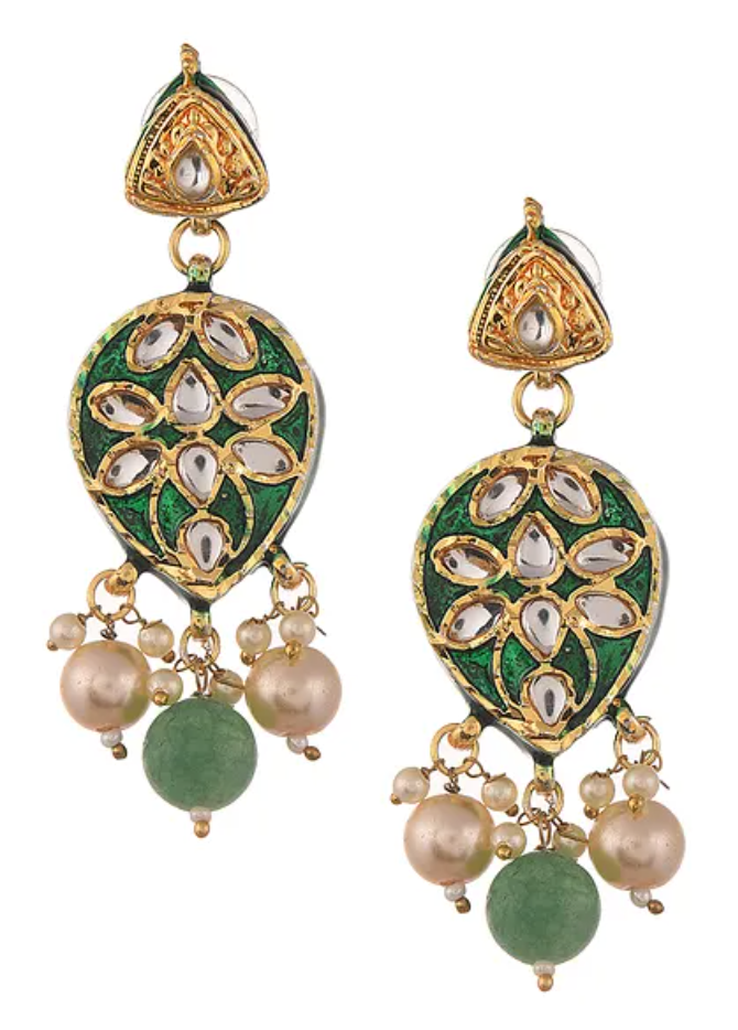 Green Kundan with Pearls and Onyx Traditional Long Necklace and Earrings