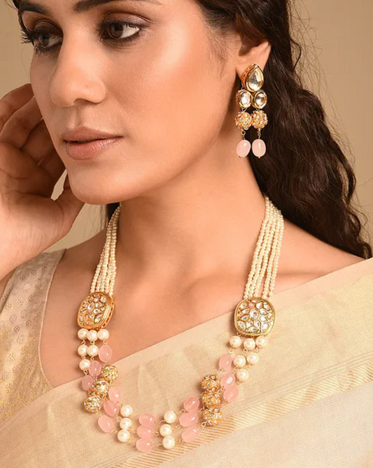 Freshwater Pearls and Rose Quartz Kundan Necklace with Earrings