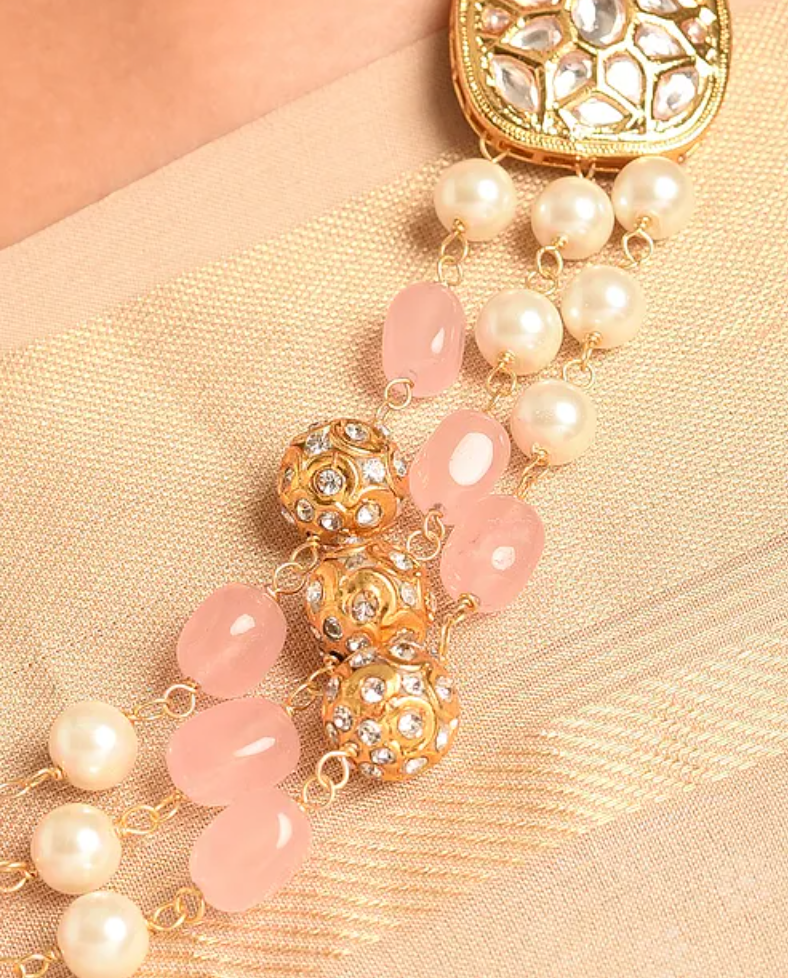 Freshwater Pearls and Rose Quartz Kundan Necklace with Earrings