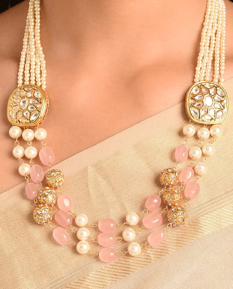 Freshwater Pearls and Rose Quartz Kundan Necklace with Earrings