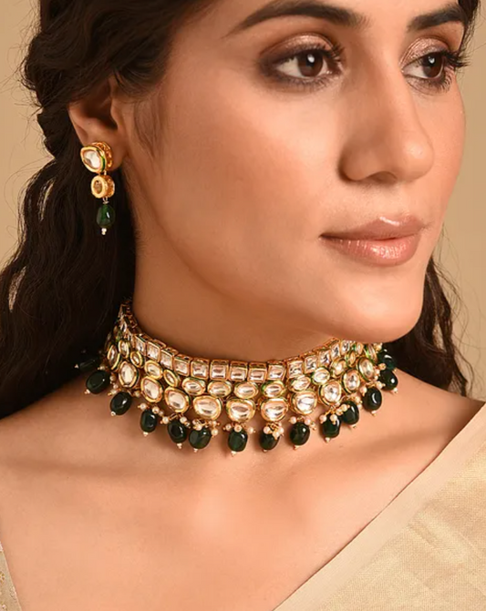 Statement Green Kundan Choker with Earrings