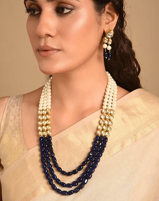 Blue Quartz, Kundan and Freshwater Pearls Necklace with Earrings