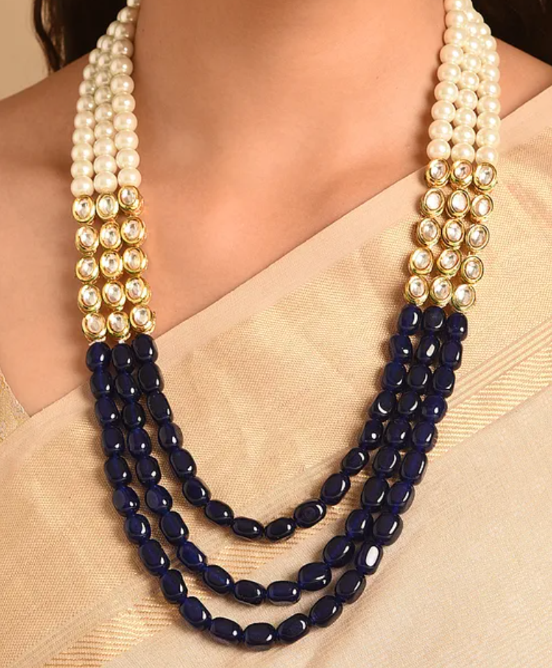 Blue Quartz, Kundan and Freshwater Pearls Necklace with Earrings