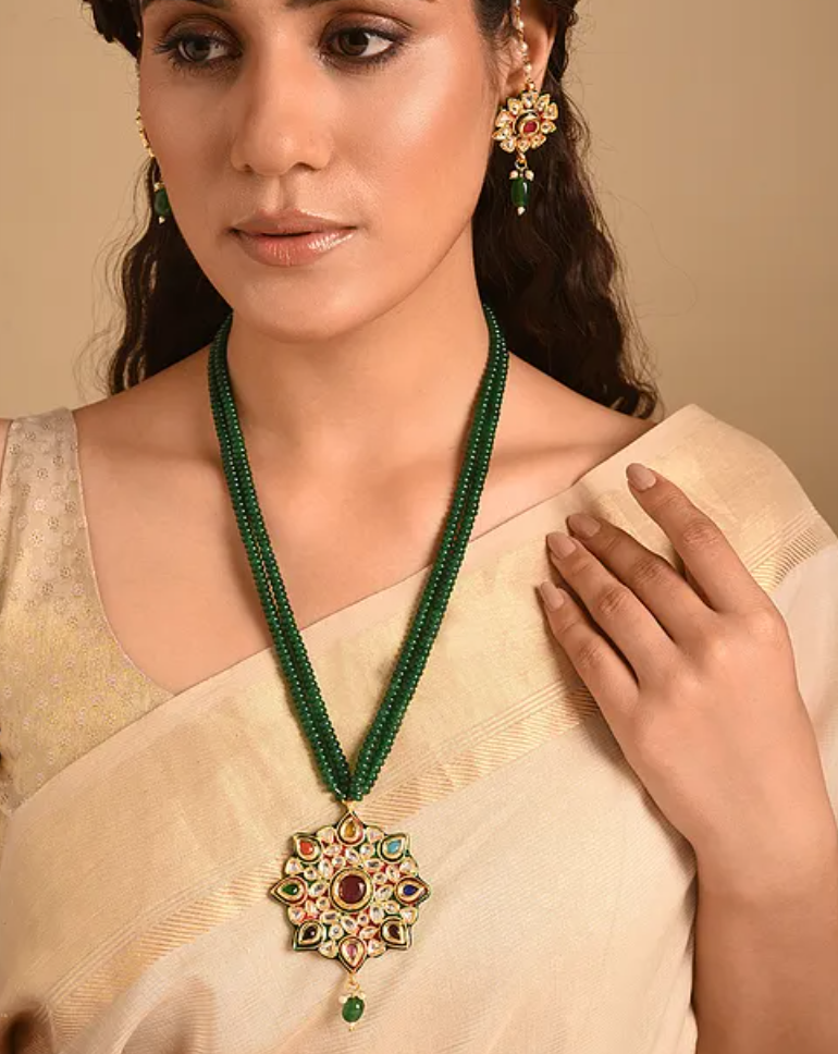 Navratan Kundan & Green Jade Necklace with Earrings