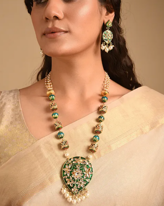 Green Kundan Traditional Long Necklace and Earrings