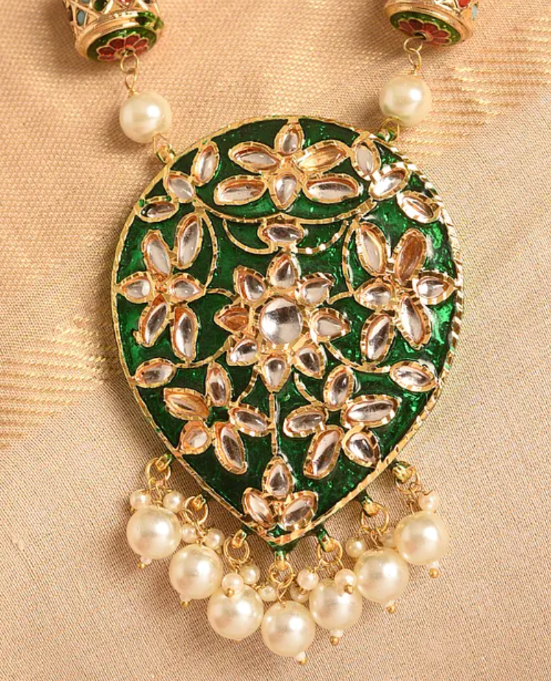 Green Kundan Traditional Long Necklace and Earrings