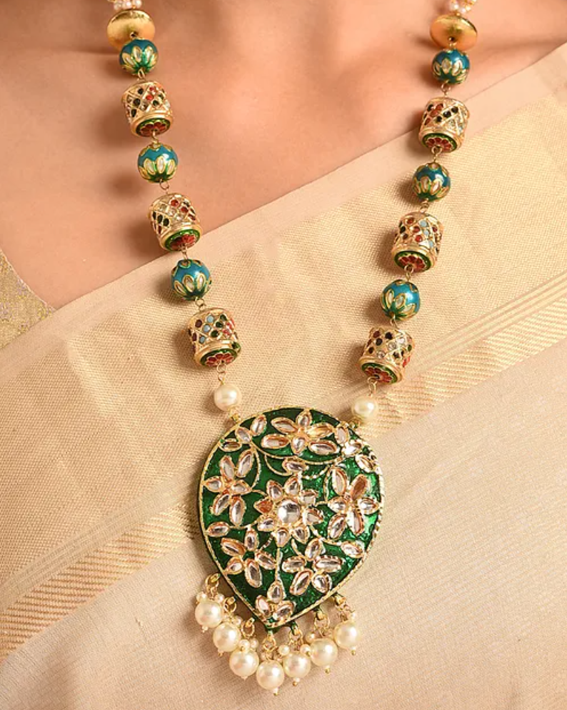 Green Kundan Traditional Long Necklace and Earrings