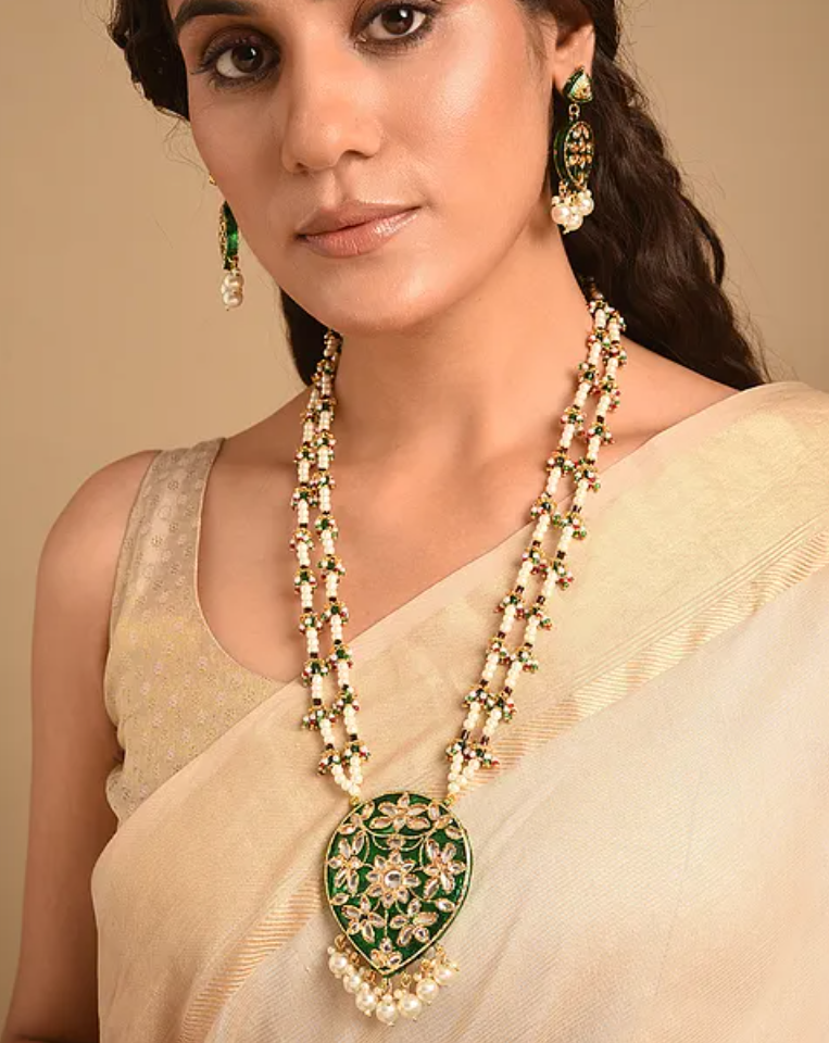 Pearls and Green Kundan Traditional Long Necklace and Earrings