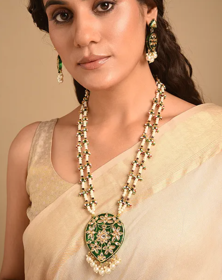 Pearls and Green Kundan Traditional Long Necklace and Earrings