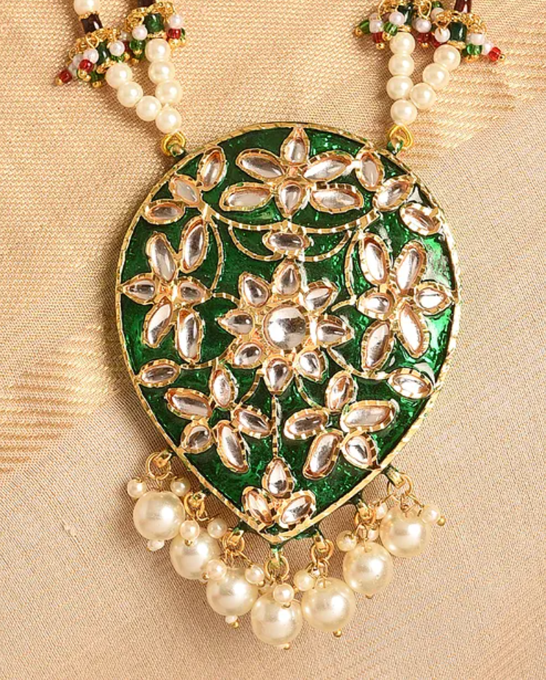 Pearls and Green Kundan Traditional Long Necklace and Earrings