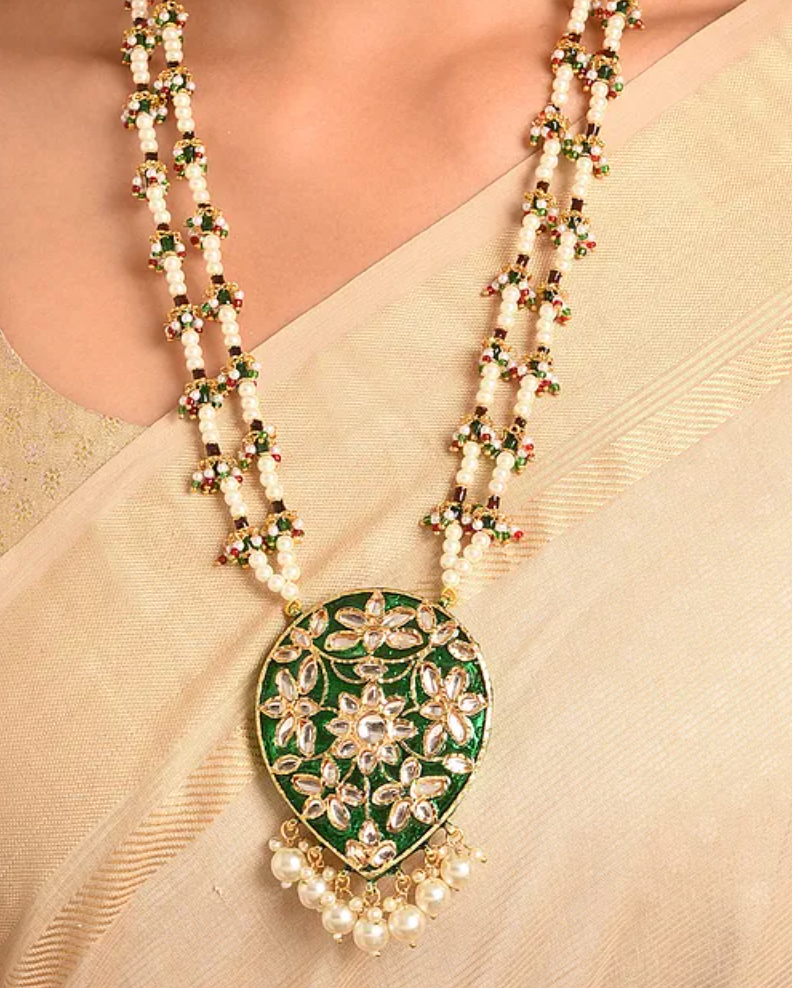 Pearls and Green Kundan Traditional Long Necklace and Earrings