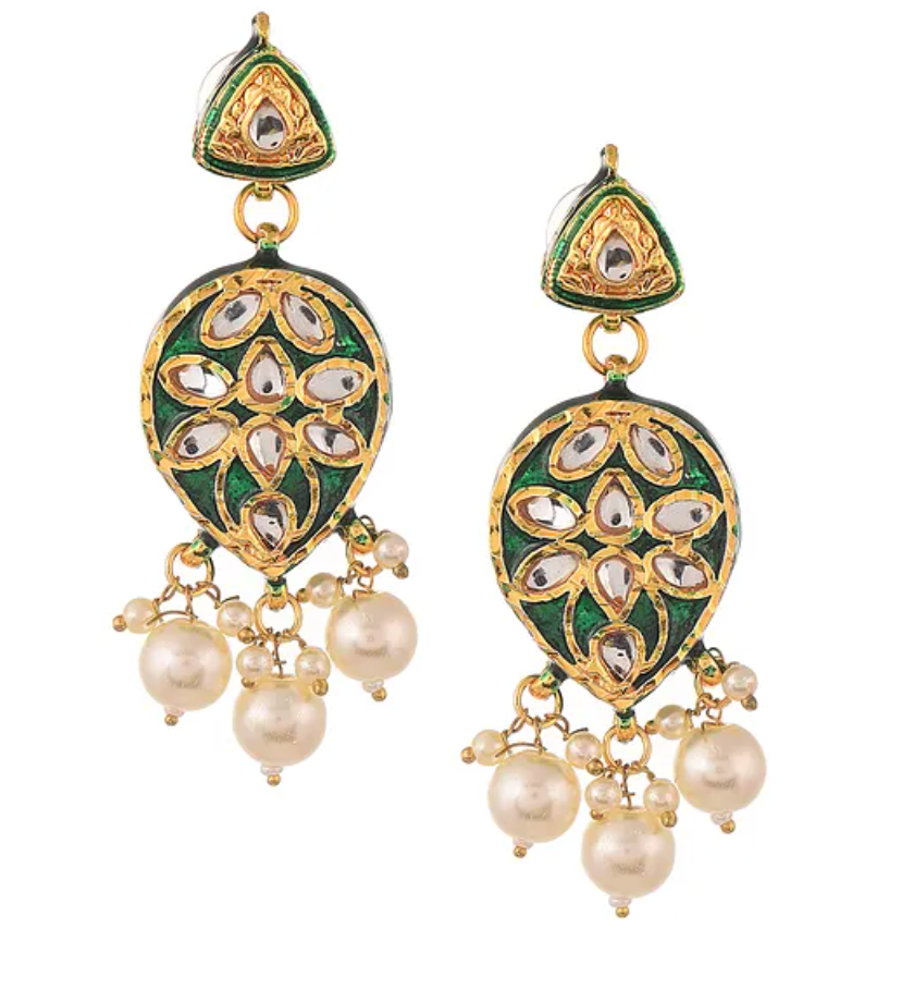 Pearls and Green Kundan Traditional Long Necklace and Earrings