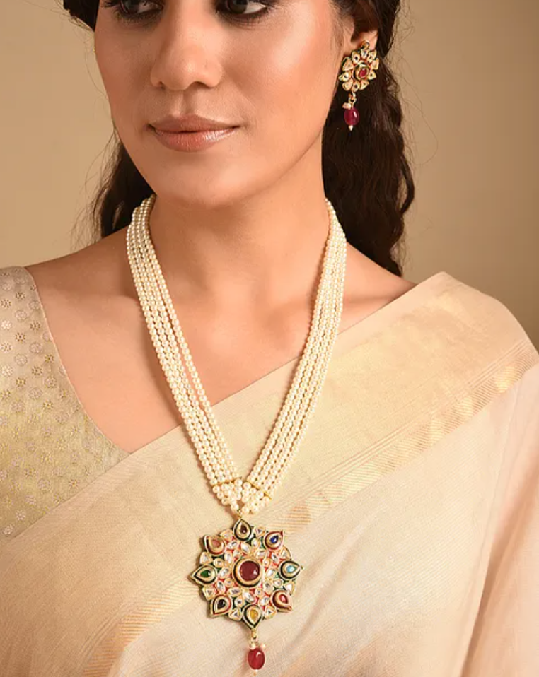 Navratan Kundan and Pearl Statement Necklace