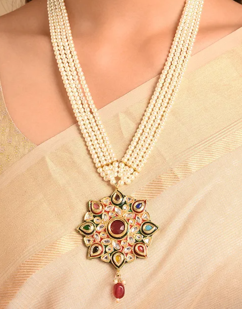 Navratan Kundan and Pearl Statement Necklace