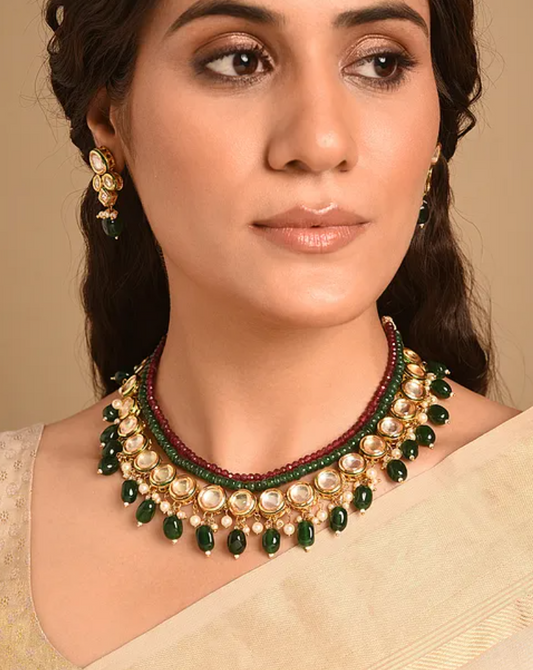 Green & Red Jade Kundan Short Necklace with Earrings