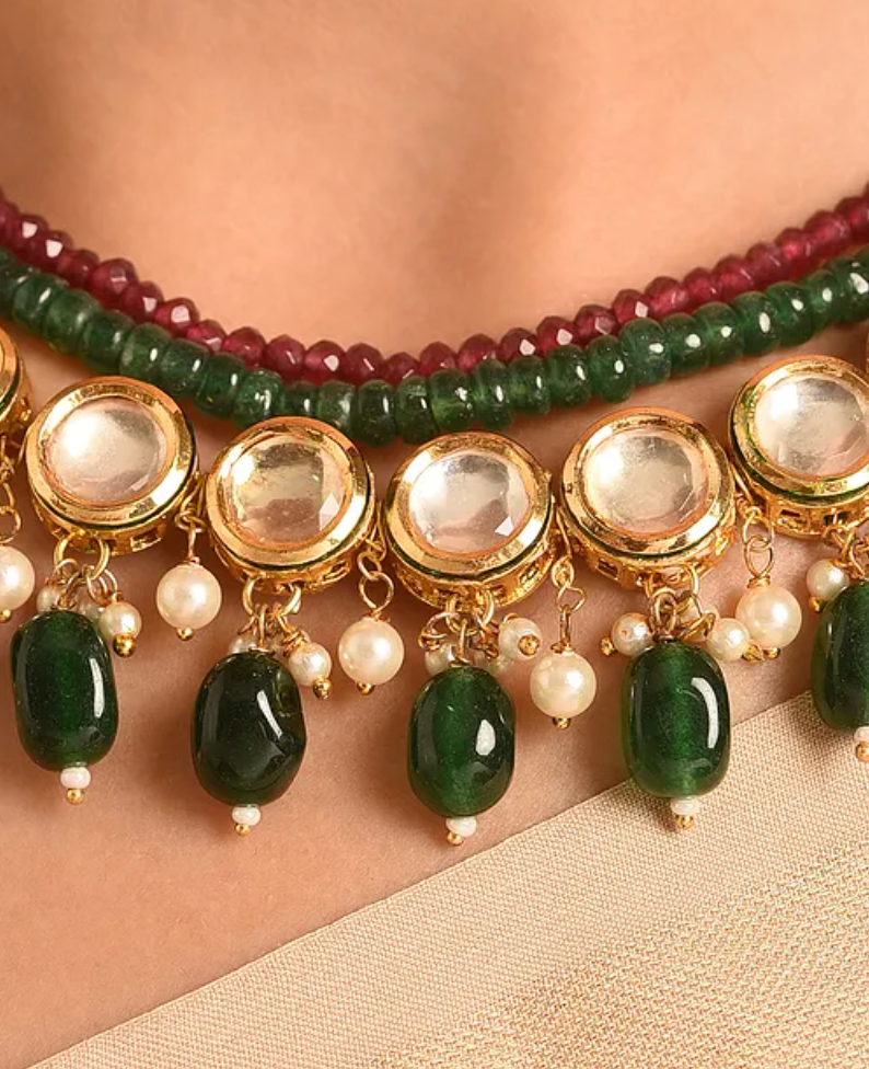 Green & Red Jade Kundan Short Necklace with Earrings